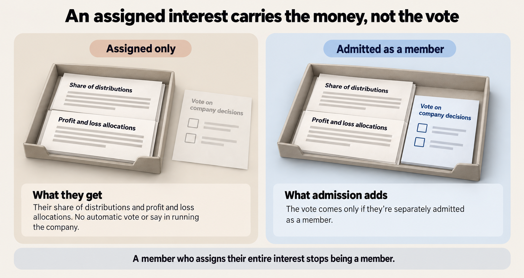 An assigned interest carries the share of distributions and profit and loss allocations, while the vote on company decisions comes only with admission as a member