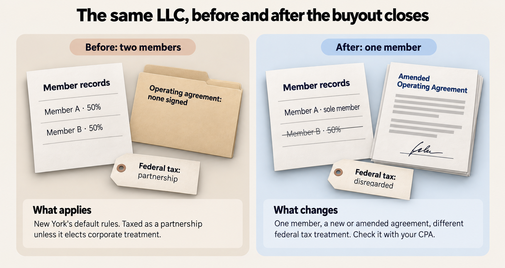 The same LLC before the buyout, two members at 50 percent each with no operating agreement and partnership tax treatment, and after, one sole member with an amended operating agreement and disregarded tax treatment